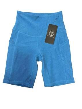 Move Theology Women's Ribbed High-Waisted Bike Shorts with Side Pockets Blue